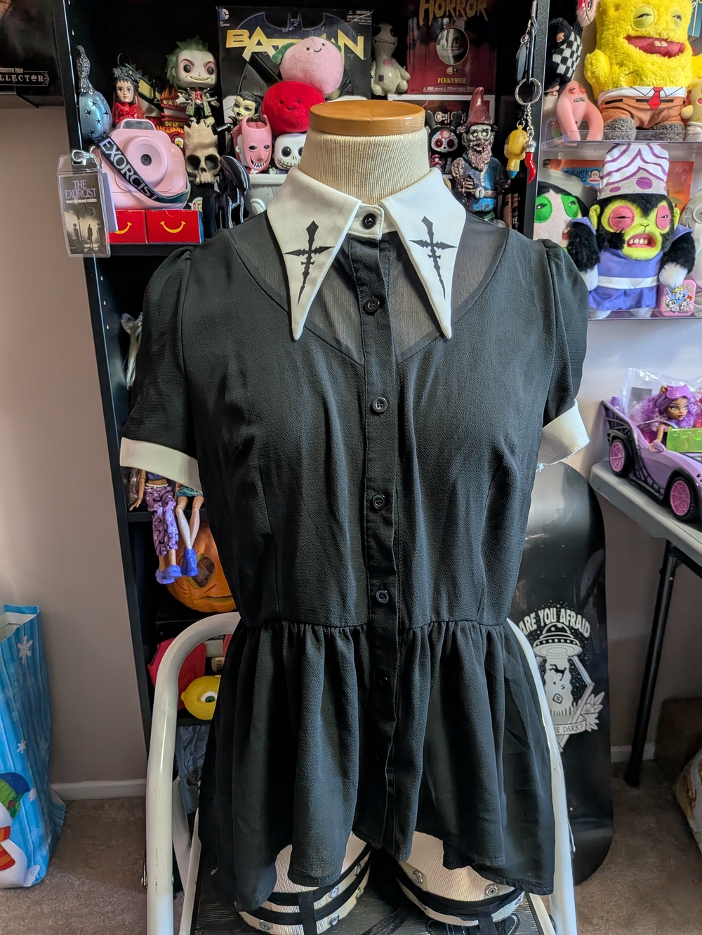Sheer Gothic Black Button-Front Blouse with Contrasting White Collar